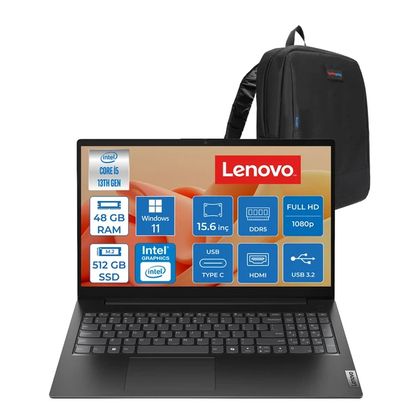 Lenovo V15 Gen5 Irl Intel Core I5 13420H 48GB Ddr5 512GB SSD UHD Graphics Windows 11 Pro 15.6" Fhd (1920X1080) Laptop 83GW008BTXP22 + Zetta Çanta ürün görseli 1