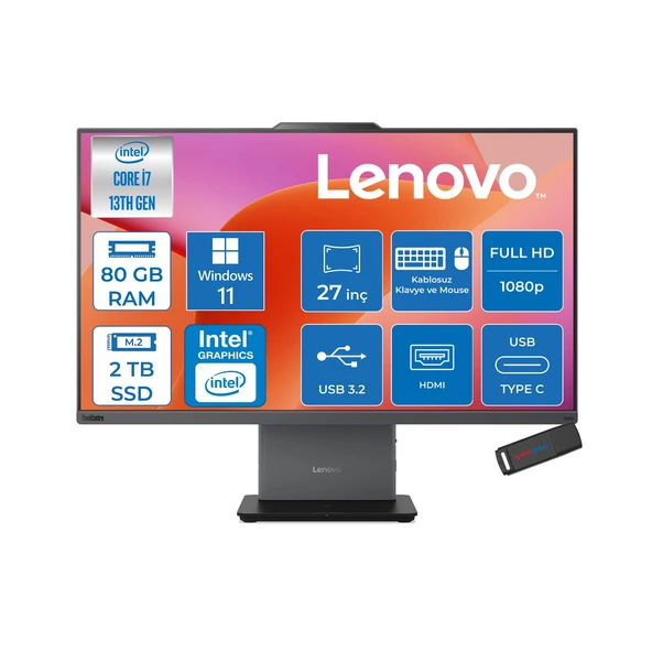 Lenovo Thinkcentre Neo 50A 27 G5 Intel Core I7 13620H 4.9ghz 80GB Ddr5 2tb SSD Windows 11 Home Dokunmatik 27" Fhd (1920X1080) IPS 300NITS All In One Bilgisayar TC12SA0013TRH34 +Zetta Flash Bellek ürün görseli 1