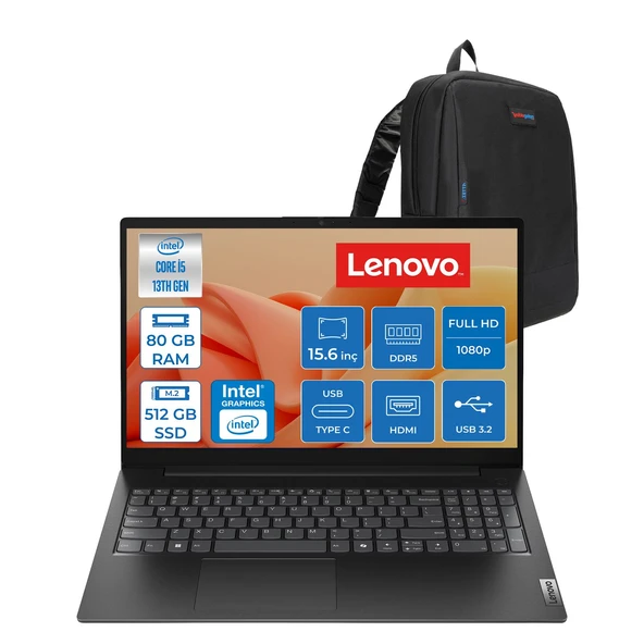 Lenovo V15 Gen5 Irl Intel Core I5 13420H 80GB Ddr5 512GB SSD UHD Graphics Freedos 15.6" Fhd (1920X1080) Laptop 83GW008BTXF32 + Zetta Çanta ürün görseli 1