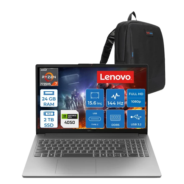 Lenovo Loq 15ARP10E Amd Ryzen™ 7 7735HS 24GB Ddr5 2tb SSD Rtx™ 4050/6GB 65W 15.6" Fhd (1920X1080) IPS 300NITS  144Hz Freedos Gaming Bilgisayar 83S00030TRF09+ZETTAÇANTA ürün görseli 1