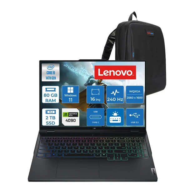 Lenovo Legion Pro 7 Intel Core I9 14900HX 80GB Ddr5 2tb SSD Geforce Rtx 4090 16GB Windows 11 Pro 16" Wqxga (2560X1600) IPS 500NITS 240Hz DISPLAYHDR400 Oyuncu Bilgisayarı LG83DE002KTRP17 + Zetta Çanta ürün görseli 1