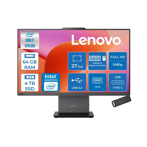 Lenovo Thinkcentre Neo 50A 27 G5 Intel Core I7 13620H 4.9ghz 64GB Ddr5 4tb SSD Freedos Dokunmatik 27" Fhd (1920X1080) IPS 300NITS All In One Bilgisayar TC12SA0013TRF30 +Zetta Flash Bellek ürün görseli 1