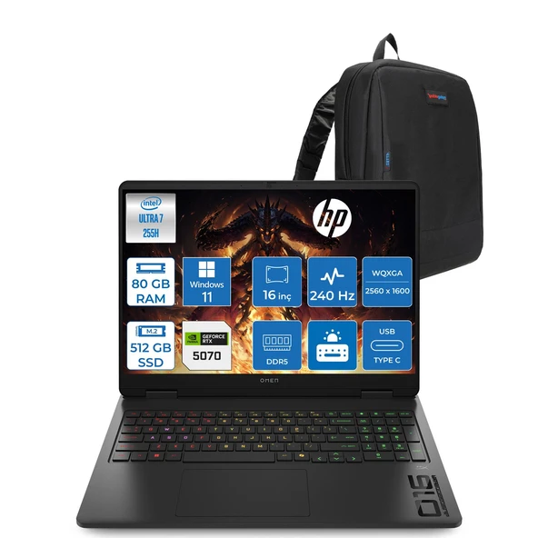 Hp Omen Slim 16-AN0025NT Intel Core Ultra 7 255H 80GB Ddr5 512GB SSD RTX5070 8gb 115W Windows 11 Pro 16" Wqxga (2560 x 1600) 240 Hz 3ms IPS 500 Nits Oyuncu Bilgisayarı OCJ8V8EAP37 + Zetta Çanta ürün görseli 1