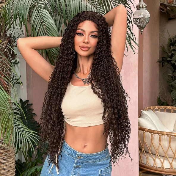 Afro Dalga Fiber Sentetik Tül Peruk / Kahverengi ürün görseli 1