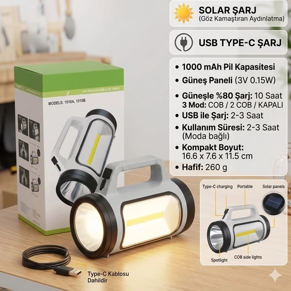 El Feneri Uzun Menzilli Solar Panelli Ultra Güçlü Ledli Şarjlı Fener Güneş Enerjili Fener ürün görseli 1