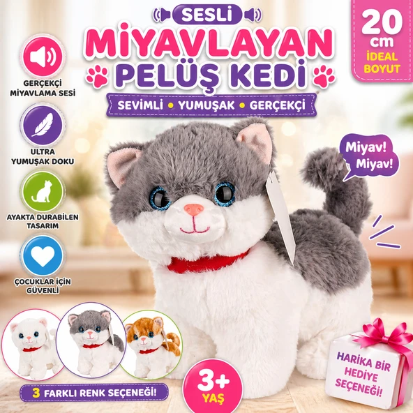 Sesli Miyavlayan Peluş Kedi 20 cm Yumuşak Sevimli Ayakta İnteraktif Oyuncak ürün görseli 1