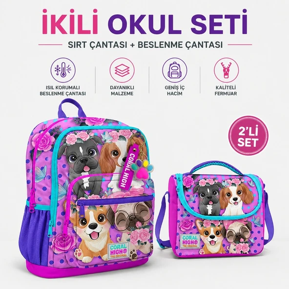 Coral High Pembe Köpek Desenli Okul Sırt Çantası 23750+Thermo Beslenme Çantası 11750 ürün görseli 1