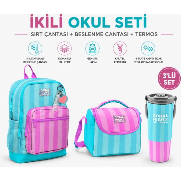 Turkuaz Pembe Çizgili Sırt Çantası 23771+THERMO Beslenme Çantası 11787+34787 Termos ürün görseli 1