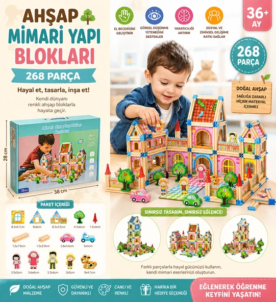 Ahşap Mimari Yapı Blokları 268 Parça Eğitici Yaratıcı ve Renkli İnşa Seti ürün görseli 1