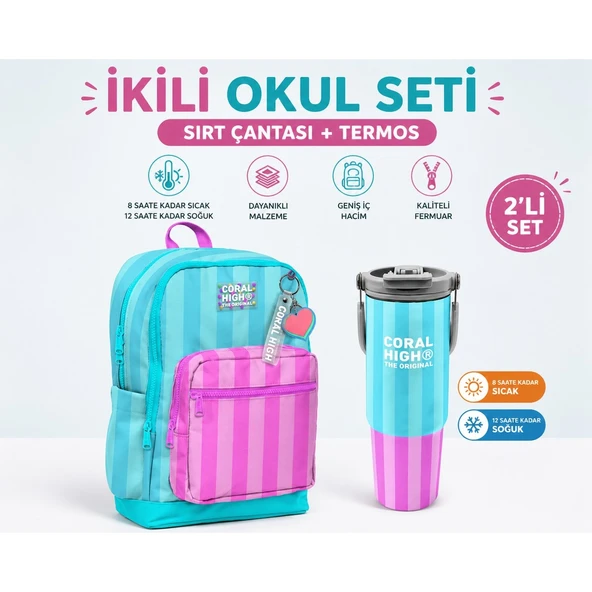 Turkuaz Pembe Çizgili Sırt Çantası 23771+34787 Termos ürün görseli 1