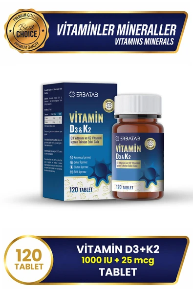 Erbatab D3K2 120 Tablet 1000 IU D3 ve 25 Mcg K2 İçeren Takviye Edici Gıda ürün görseli 1
