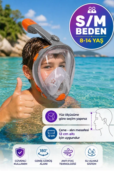 Turuncu Gri Full Face Şnorkel Maske S/M Beden 8-14 Yaş Çocuk Tam Yüz Dalış Seti Katlanabilir ürün görseli 1