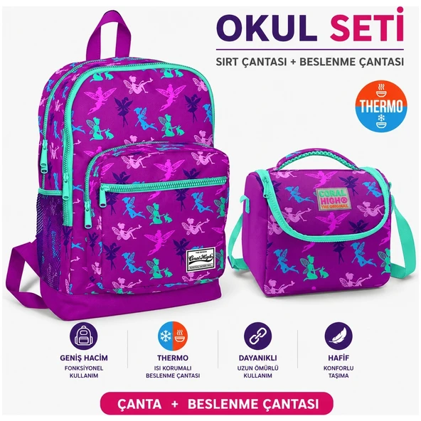 Peri Desenli Ilkokul Sırt Çantası Mor 23109+THERMO Beslenme Çantas 11803 ürün görseli 1
