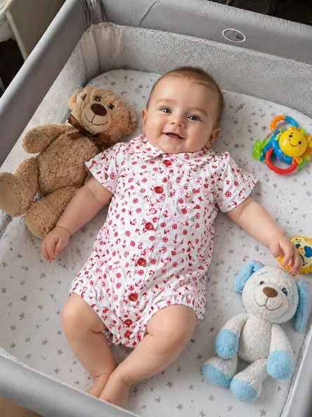 Erkek Bebek Çıtçıtlı Gömlek Badi Poplin Kumaş Kısa Kollu Şık Tulum Çapa Detaylı  3503 ürün görseli 1