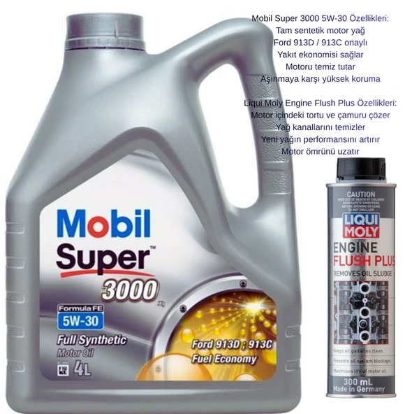 Mobil Super 3000 5W30 4L Motor Yağı + Liqui Moly Engine Flush Plus HEDİYE ürün görseli 1