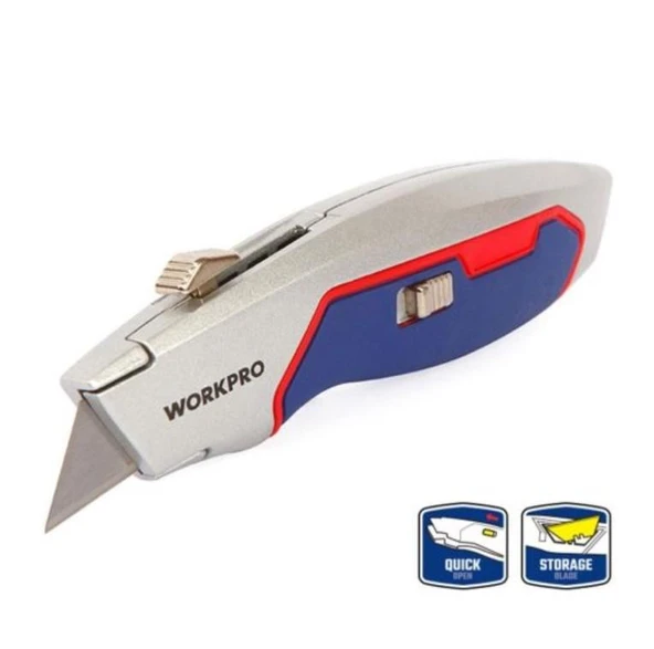 WORKPRO WP213011 Ağır Hizmet Alüminyum Gövde Geri Çekilebilir Rötuş Maket Bıçağı + 3 Adet Yedek Bıçak ürün görseli 1
