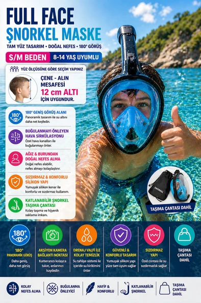 Mavi Siyah Full Face Şnorkel Maske S/M Beden 8-14 Yaş Çocuk Tam Yüz Dalış Seti Katlanabilir ürün görseli 1