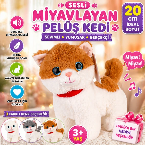 Sesli Miyavlayan Peluş Kedi 20 cm Yumuşak Sevimli Ayakta İnteraktif Oyuncak ürün görseli 1