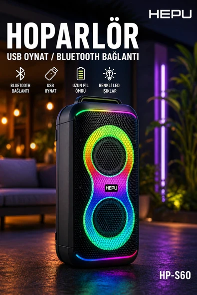 Hepu HP-S60 6000W Işıklı Karaoke Hoparlörü - Kablosuz Mikrofon Setli Parti Hoparlörü ürün görseli 1