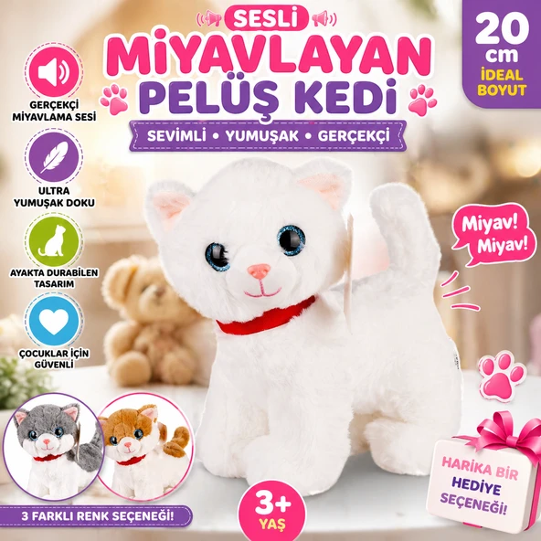 Sesli Miyavlayan Peluş Kedi 20 cm Yumuşak Sevimli Ayakta İnteraktif Oyuncak ürün görseli 1