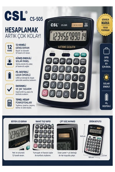 Hesap Makinesi Siyah Gri 13.5x18.5 cm 1 Adet Csl Cs-505 12 Haneli Orta Boy Hafızalı Büro Masaüstü Hesap Makinası ürün görseli 1