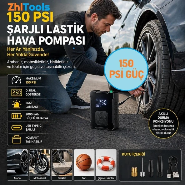 Zhltools Şarjlı Hava Kompreserü İkaz Lambalı Oto Lastik Pompa 150 Psi ürün görseli 1