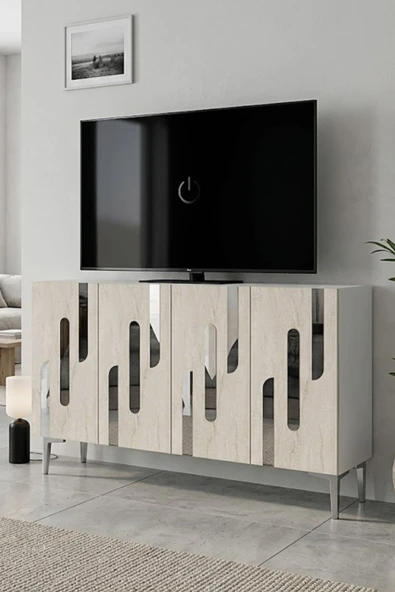 KA1229BTS ECE Konsol ve Tv Sehpası Beyaz-Traverten-Silver 120cm ürün görseli 1
