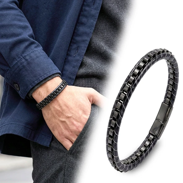 ? Premium Siyah Çelik Zincir Örgülü Ve Deri Erkek Bileklik 31834B24D3 ürün görseli 1
