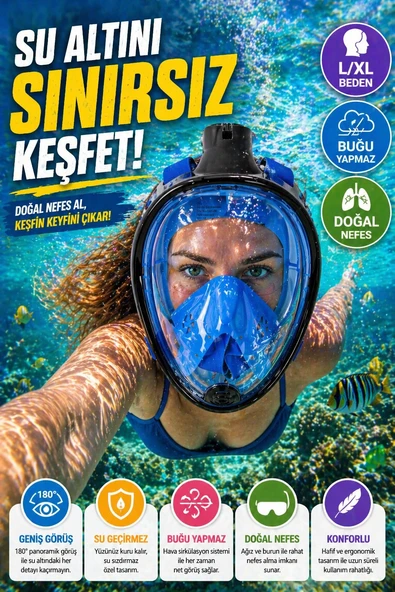 Mavi Siyah Full Face Şnorkel Maske L XL Tam Yüz Dalış Maskesi Sarı Geniş Görüş Anti Fog Deniz Maske ürün görseli 1