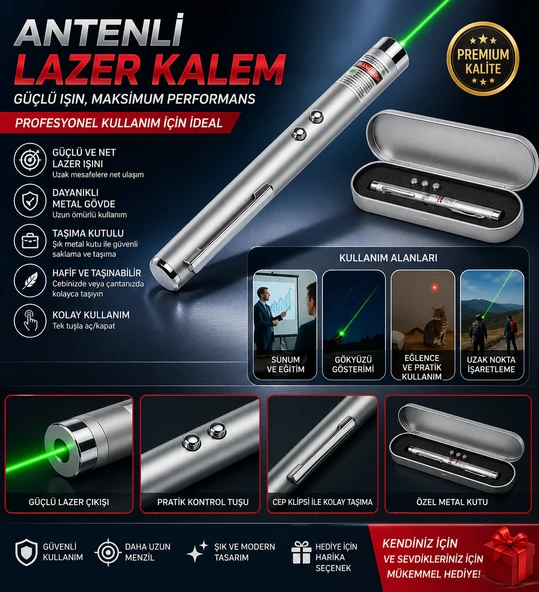 Premium Antenli Lazer Kalem Seti Metal Gövde Taşıma Kutulu Güçlü Işın Performansı ürün görseli 1