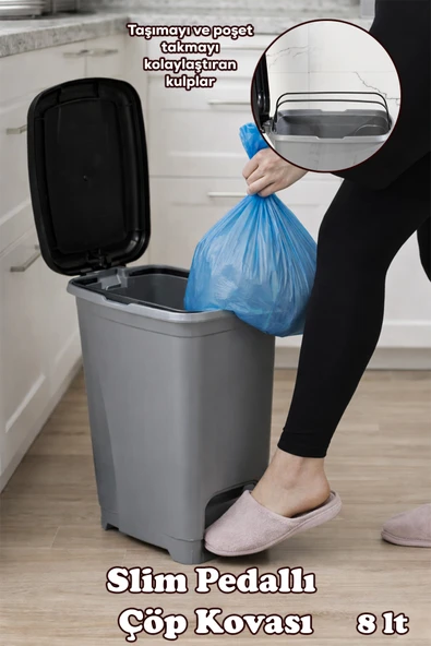 Porsima 086 Pedallı Metalize Banyo Mutfak Çöp Kovası Siyah Kapaklı Slim Pedallı Çöp Kovası 8 Litre ürün görseli 1