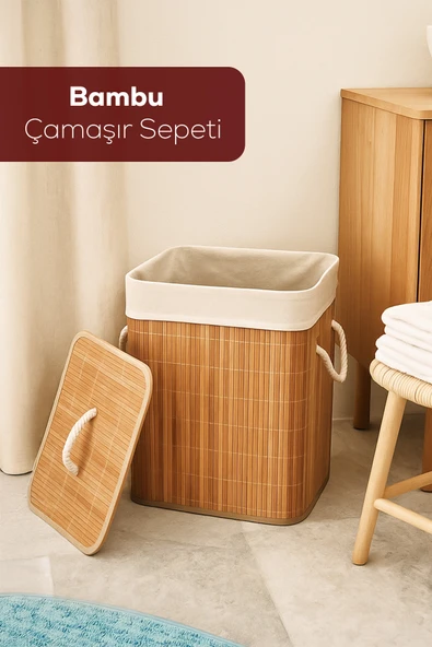 Porsima Pbt-053 Kapaklı Kirli Çamaşır Sepeti Dikdörtgen - Bambu Kirli Çamaşır Sepeti ürün görseli 1