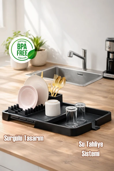 Porsima 5327 Sürgülü Açılır Kapanır Tabaklık Bulaşık Tepsisi Kurutmalık Su Akıtma Kanallı Bulaşıklık Sepeti ürün görseli 1