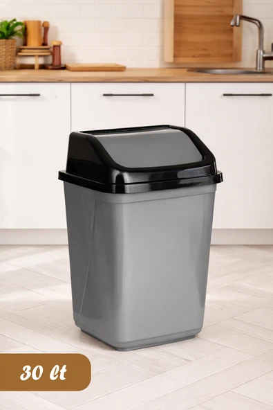 Porsima 0098 Kapaklı Gri-Siyah Çöp Kutusu - Favori Banyo ve Mutfak Çöp Kovası 30lt ürün görseli 1