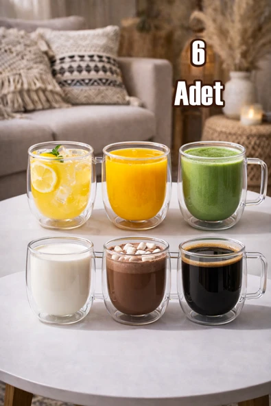 Porsima Pbt-323 Çift Cidarlı 6lı Cam Kupa Çay Kahve Kupası Isı Yalıtımlı Cam Bardak Seti 250 ml ürün görseli 1