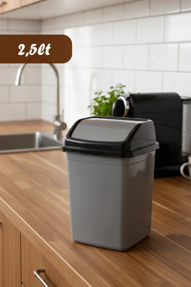 Porsima 0102 Kapaklı Gri-Siyah Çöp Kutusu - Favori Banyo ve Mutfak Çöp Kovası 2,5lt ürün görseli 1