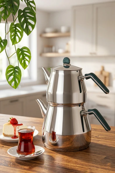 Porsima 1027-2 Prizma Bakalit Metal Kulp Mega Boy Paslanmaz Çelik Çaydanlık Takımı Yeşil - 2,20-4 Lt ürün görseli 1