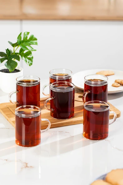 Porsima Pbt-789 6lı Borosilikat Isıya Ateşe Dayanıklı Cam Kulplu Çay Bardağı Kahve Bardak Kupa Seti 200ml ürün görseli 1