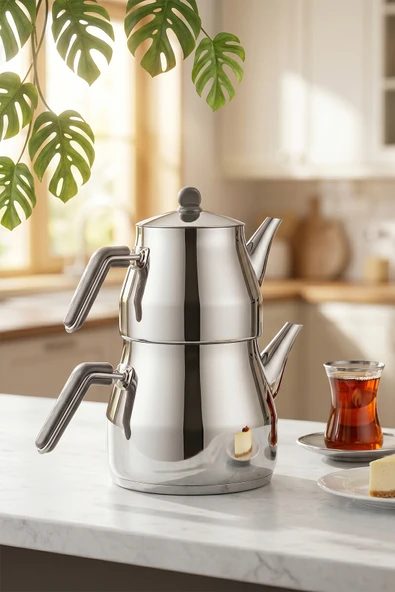 Porsima 1026 Prizma Bakalit Metal Kulp Mega Boy Paslanmaz Çelik Çaydanlık Takımı Antrasit - 2-3,40Lt ürün görseli 1