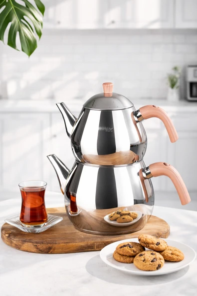 Porsima 1030-1 Damla Bakalit Kulp Mega Boy Paslanmaz Çelik Çaydanlık Takımı - Rose - 1,80-2,80Lt ürün görseli 1
