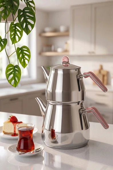 Porsima 1027-1 Prizma Bakalit Metal Kulp Mega Boy Paslanmaz Çelik Çaydanlık Takımı Rose - 2,20-4 Lt ürün görseli 1