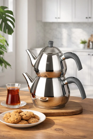 Porsima 1029 Damla Bakalit Kulp Orta Boy Paslanmaz Çelik Çaydanlık Takımı - Antrasit - 1.25-2.00Lt ürün görseli 1