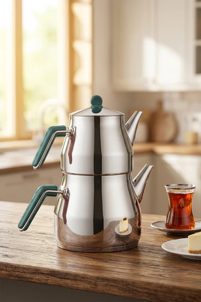 Porsima 1026-2 Prizma Bakalit Metal Kulp Mega Boy Paslanmaz Çelik Çaydanlık Takımı Yeşil - 2-3,40Lt ürün görseli 1