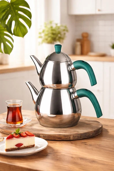 Porsima 1028-2 Damla Bakalit Kulp Orta Boy Paslanmaz Çelik Çaydanlık Takımı - Yeşil - 0.75-1.50Lt ürün görseli 1