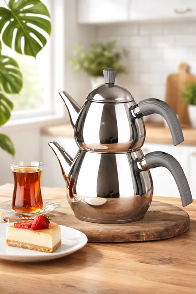 Porsima 1028 Damla Bakalit Kulp Orta Boy Paslanmaz Çelik Çaydanlık Takımı - Antrasit - 0.75-1.50Lt ürün görseli 1