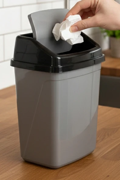 Porsima 0101 Kapaklı Gri-Siyah Çöp Kutusu - Favori Banyo ve Mutfak Çöp Kovası 5lt ürün görseli 1