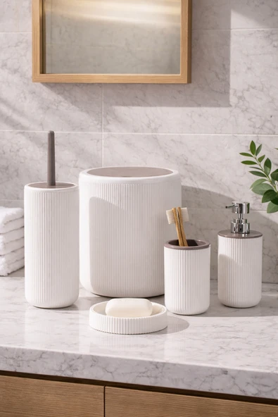 Porsima 5 Parça Yuvarlak Banyo Seti - Çöp Kovası, Sabunluk, Diş Fırçalığı ve Silikon Wc Fırçası Beyaz Taupe ürün görseli 1