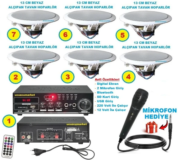 TAVAN HOPARLÖR SİSTEMİ (6 ADET 13 CM BEYAZ RENK TAVAN HOPARLÖR + 1 ADET AMFİ + MİKROFON HEDİYE) ürün görseli 1