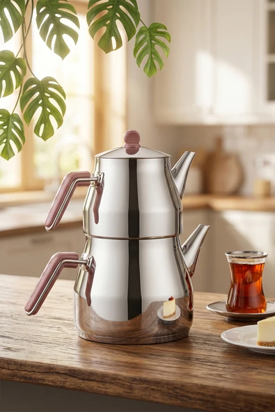 Porsima 1026-1 Prizma Bakalit Metal Kulp Mega Boy Paslanmaz Çelik Çaydanlık Takımı Rose - 2-3,40Lt ürün görseli 1