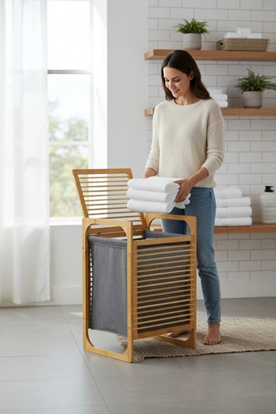 Porsima Pbt-350 Ahşap Bambu Kirli Sepeti Çok Amaçlı Banyo Düzenleyici Kirli Çamaşır Sepeti Organizeri ürün görseli 1